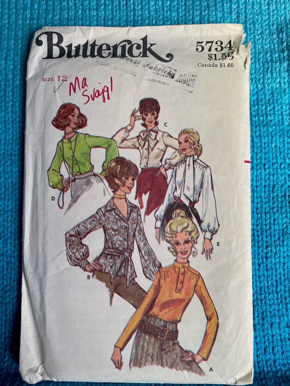 Butterick Sewing pattern 5734 blouse puff sleeves Size 12